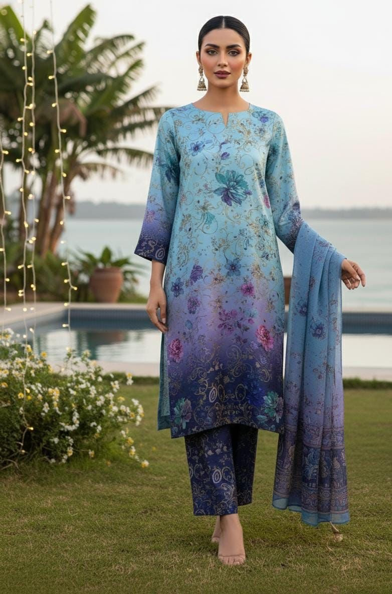 DIGITAL PRINT 3PC SILK UNSTITCHED SUIT 123