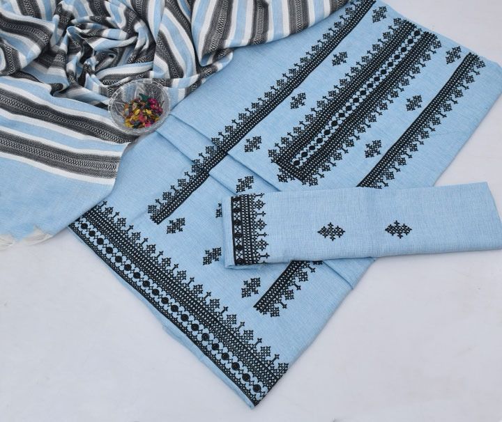 3pc Unstitched Khadi Khaddar Embroidered Suit