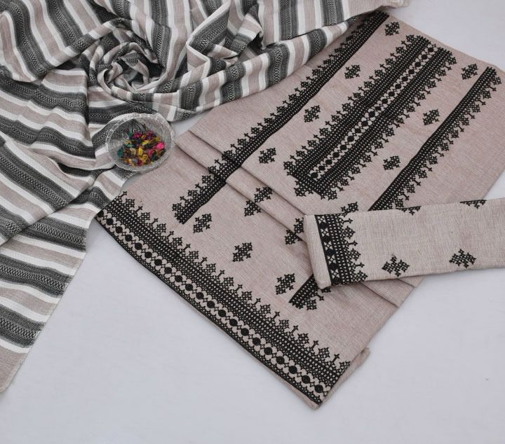 3pc Unstitched Khadi Khaddar Embroidered Suit