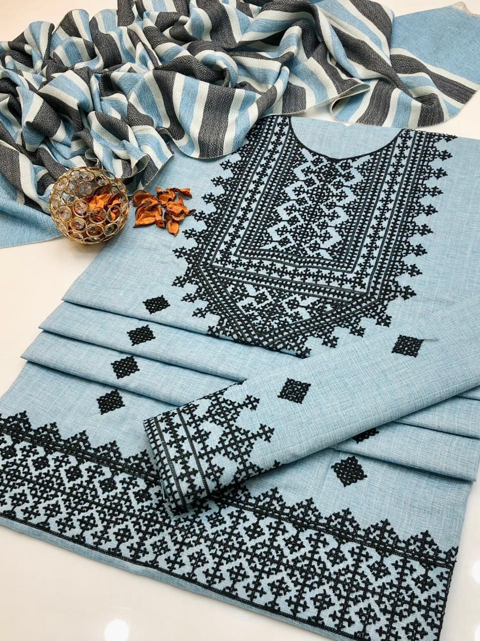 3pc Unstitched Khadi Khaddar Embroidered Suit