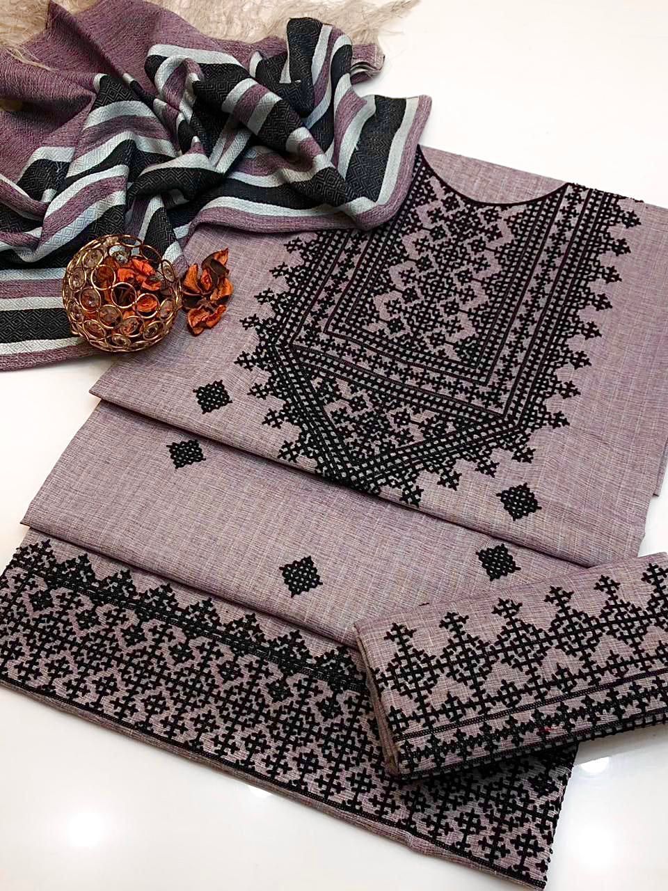 3pc Unstitched Khadi Khaddar Embroidered Suit