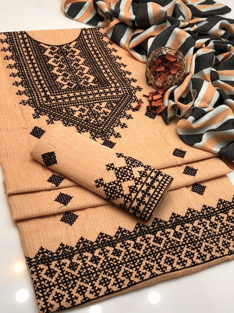 3pc Unstitched Khadi Khaddar Embroidered Suit