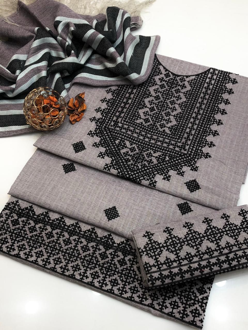 3pc Unstitched Khadi Khaddar Embroidered Suit