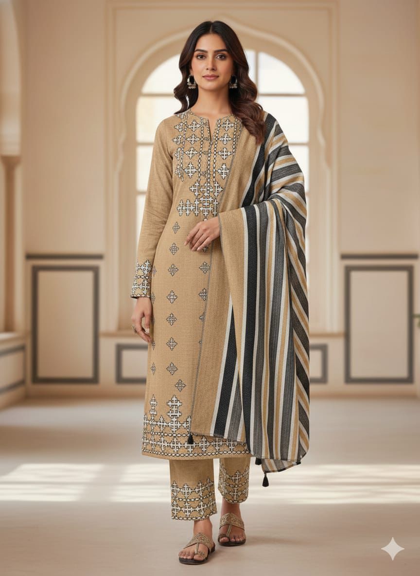 3pc Unstitched Khadi Khaddar Embroidered Suit