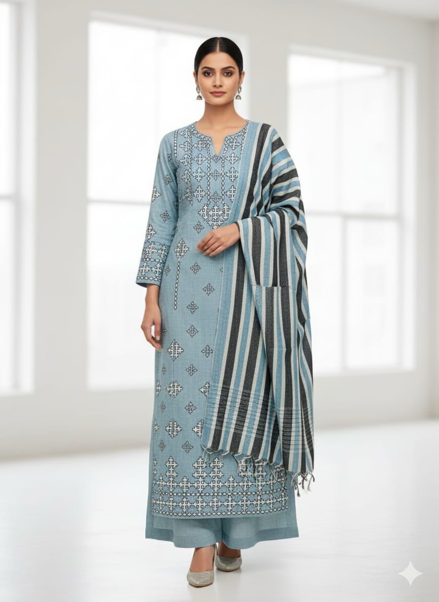 3pc Unstitched Khadi Khaddar Embroidered Suit