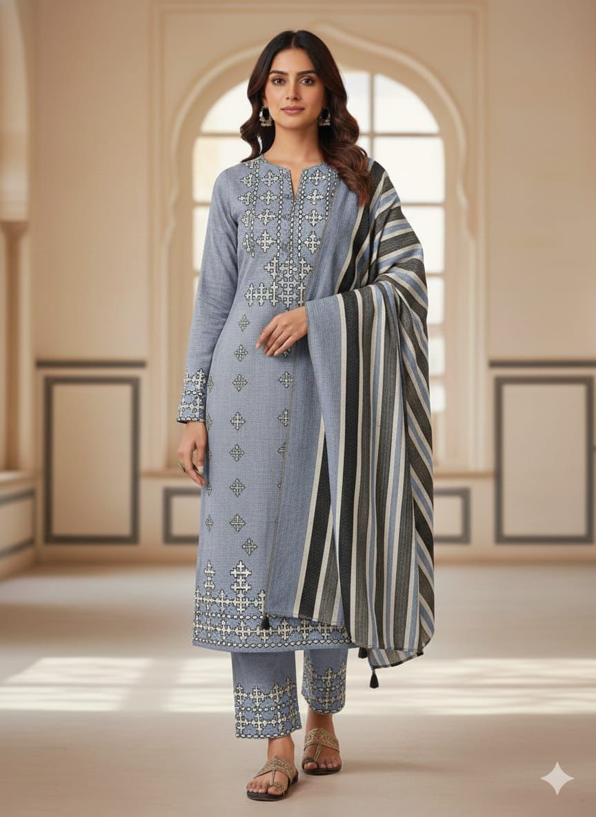 3pc Unstitched Khadi Khaddar Embroidered Suit