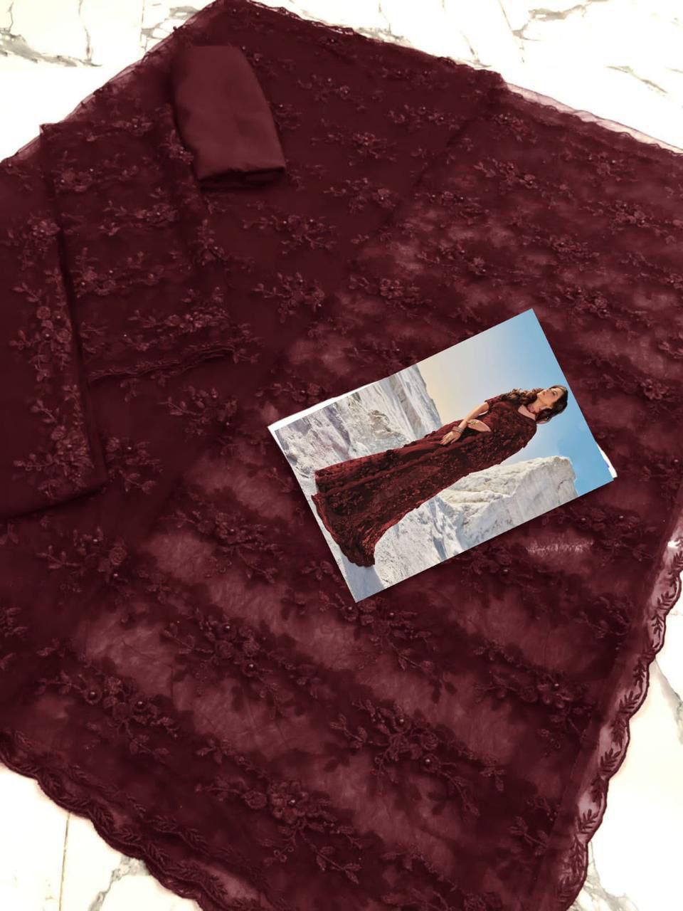 ✨ Ethereal Net Saree with 3D Floral Embroidery ✨