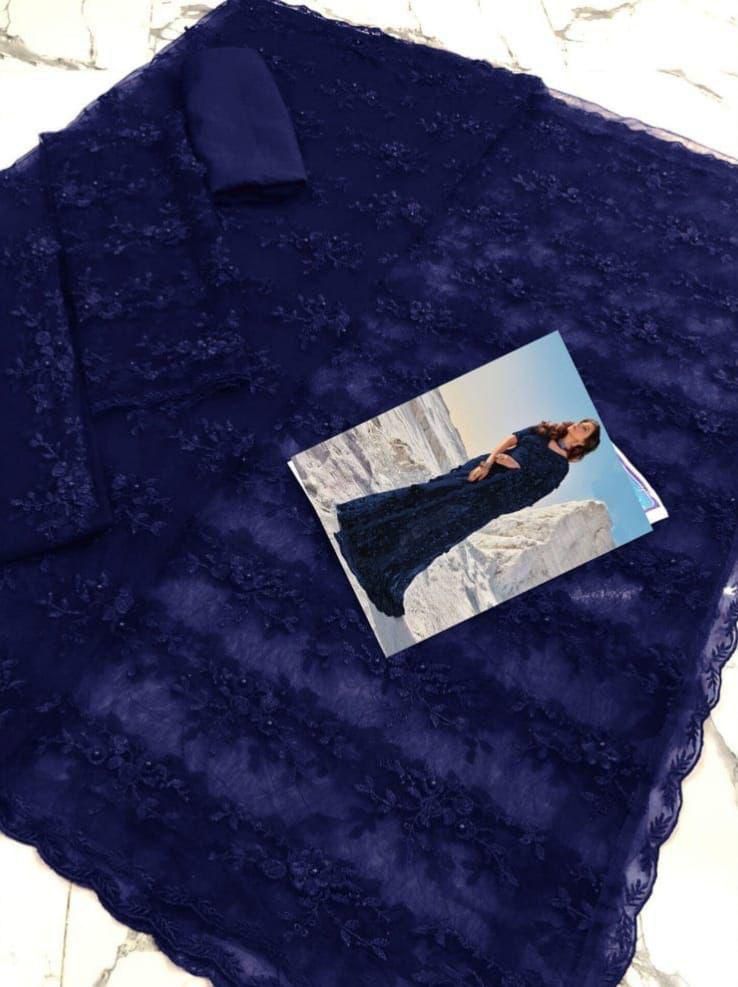 ✨ Ethereal Net Saree with 3D Floral Embroidery ✨