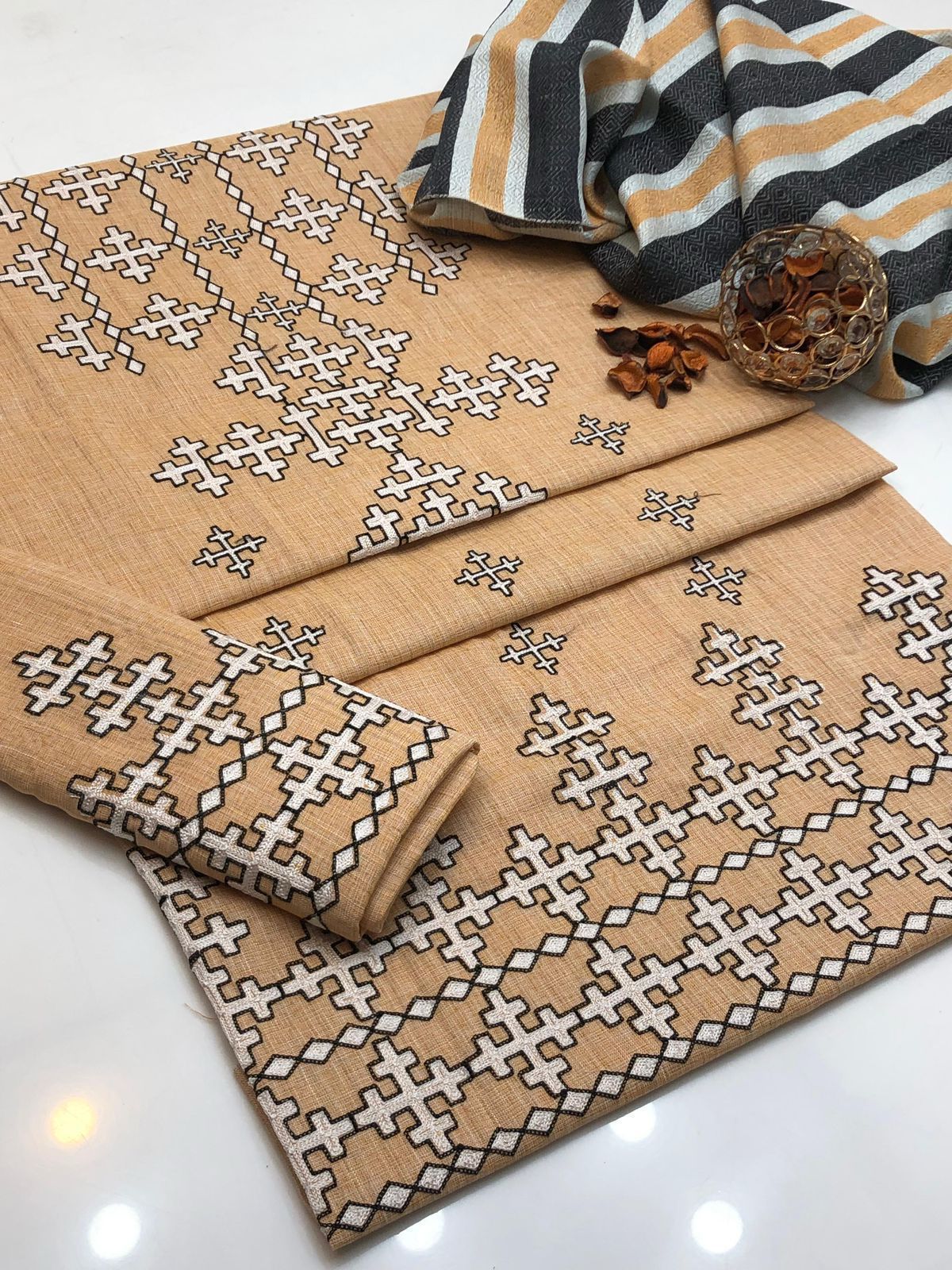 3pc Unstitched Khadi Khaddar Embroidered Suit